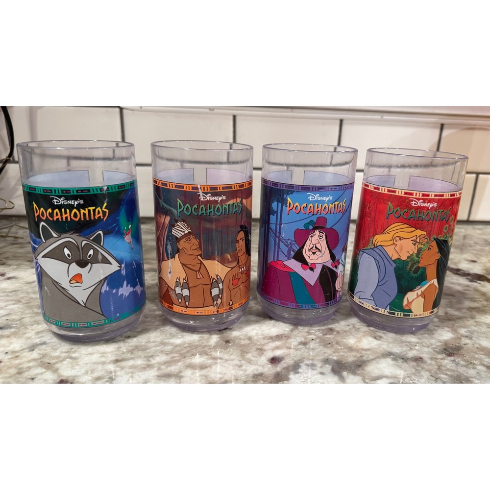 Vintage 1995 Disney Pocahontas Burger King Plastic Tumbler Cup Set of 4 Meeko